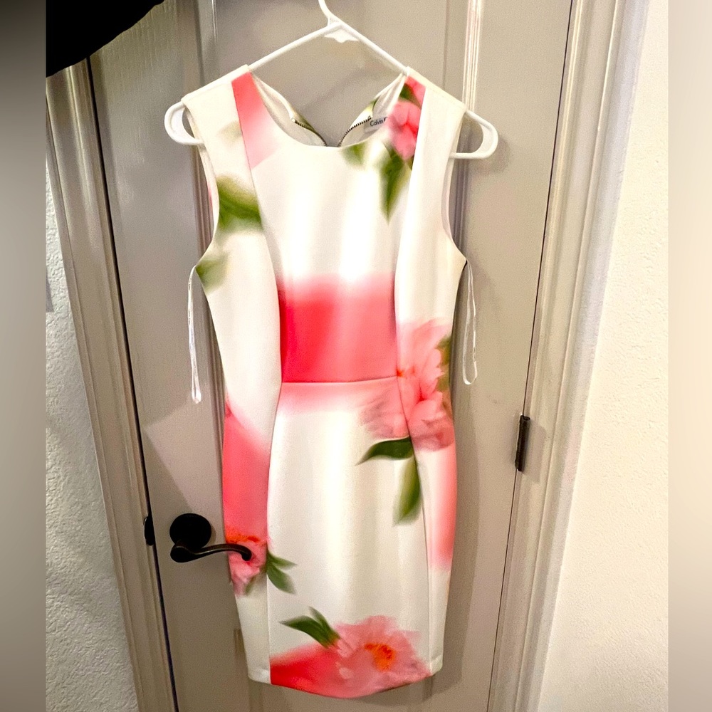Calvin klein.  Body fiited dress, white base and beautiful flower design .